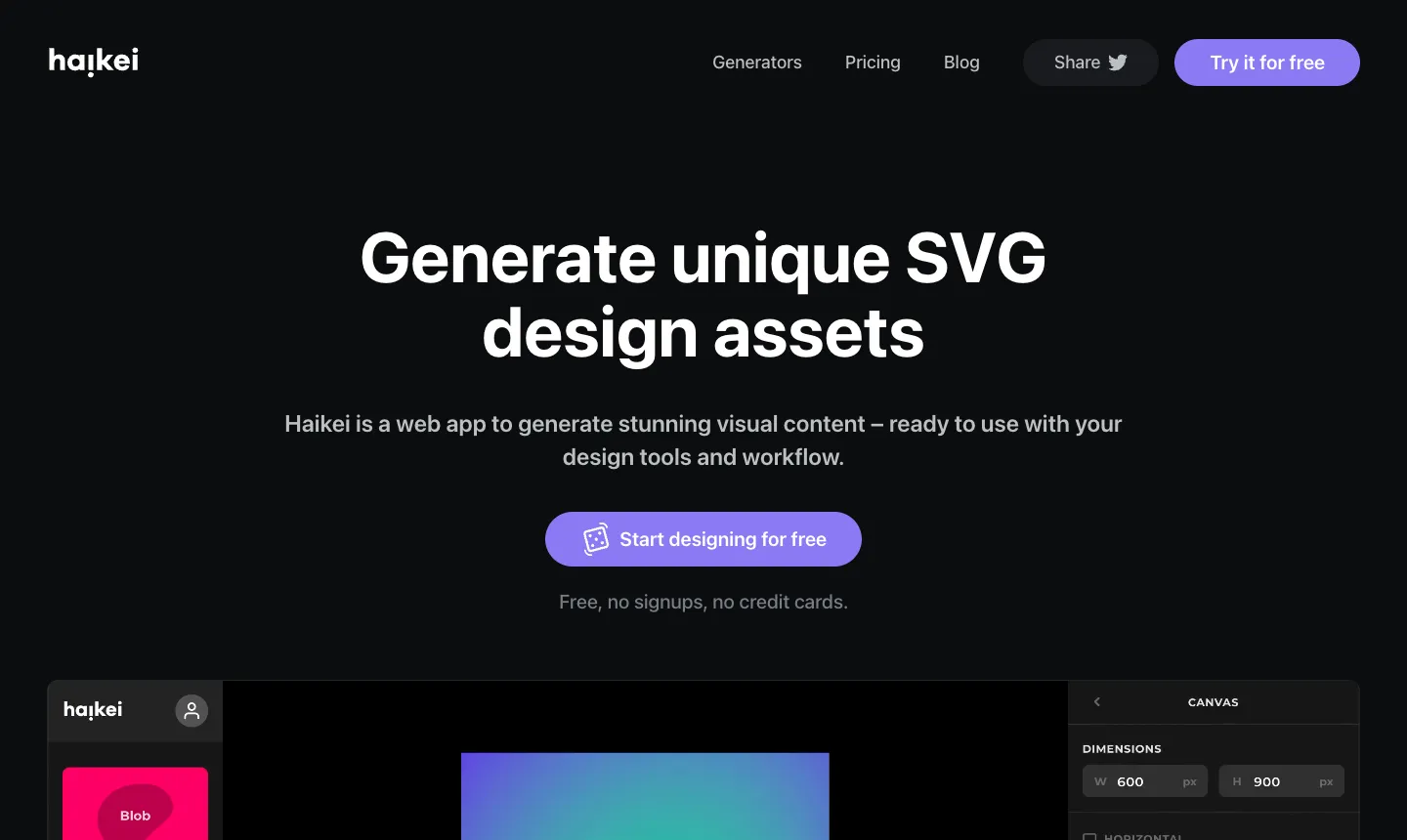 Blobmaker 不規則形狀產生器:免費做不規則色塊、下載 SVG 放進簡報與網頁 3 Haikei 官網首頁截圖,標語是產生 SVG 設計素材,下方編輯器預覽左側有 Blob 產生器(2026 年 10 月擷取)