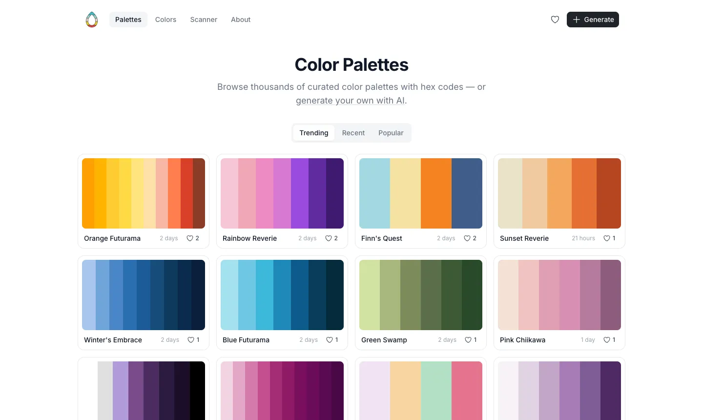 ColorDrop 線上調色盤教學:免費配色、色碼複製與照片取色(2026) 1 ColorDrop 首頁 Color Palettes 列表,上方可切換 Trending、Recent、Popular,每張卡片顯示一組配色、名稱與按讚數