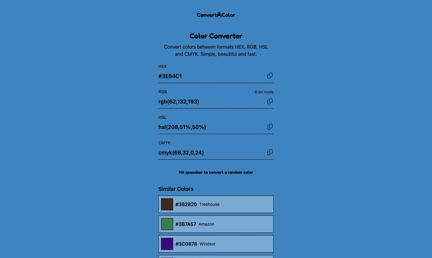ColorDrop 線上調色盤教學:免費配色、色碼複製與照片取色(2026) 4 ConvertAColor 色碼轉換器,輸入色碼後同時顯示 HEX、RGB、HSL、CMYK 四種格式,下方列出相似顏色