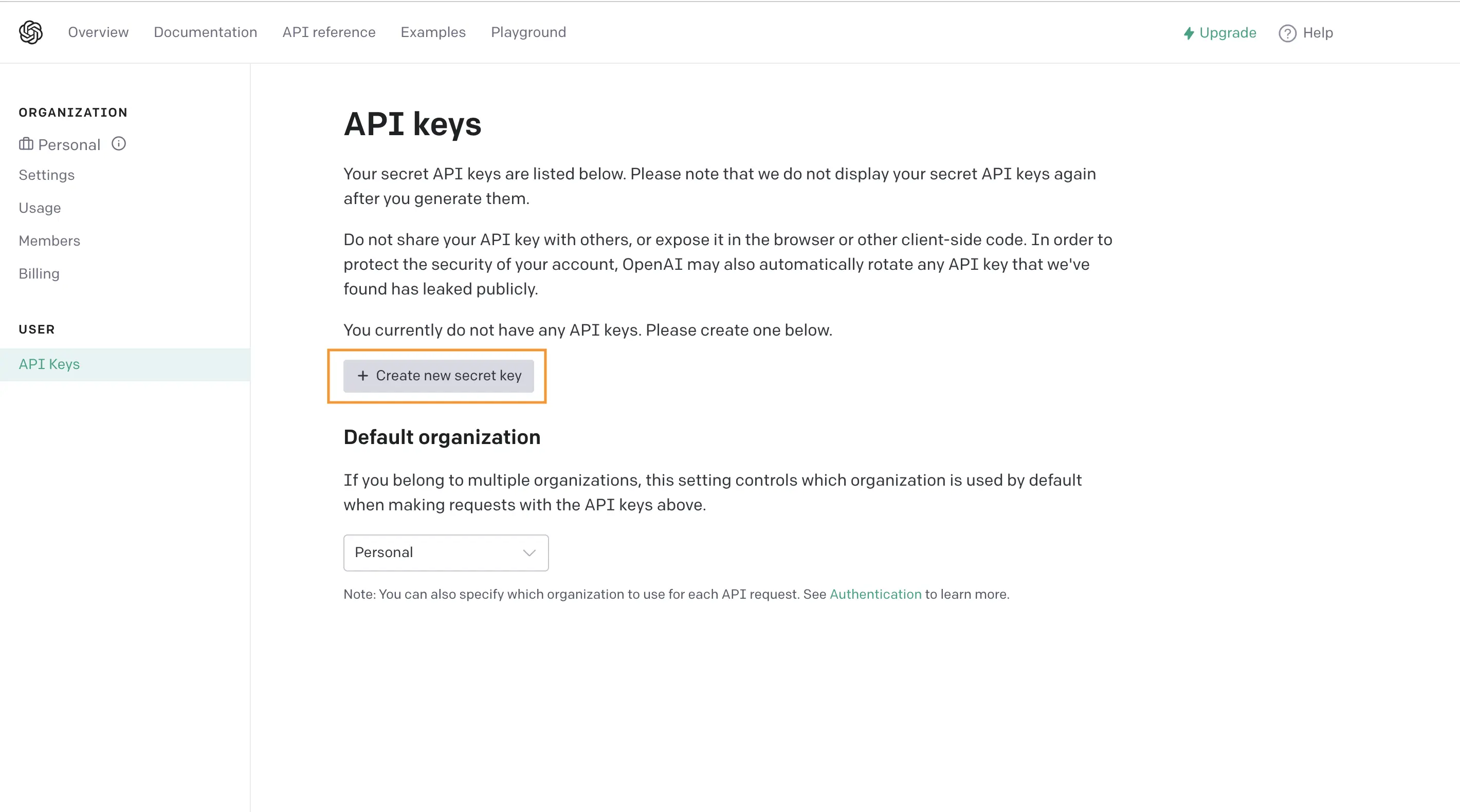 OpenAI 後台 API keys 頁面，點「Create new secret key」建立 API Key（2023 年舊版介面）