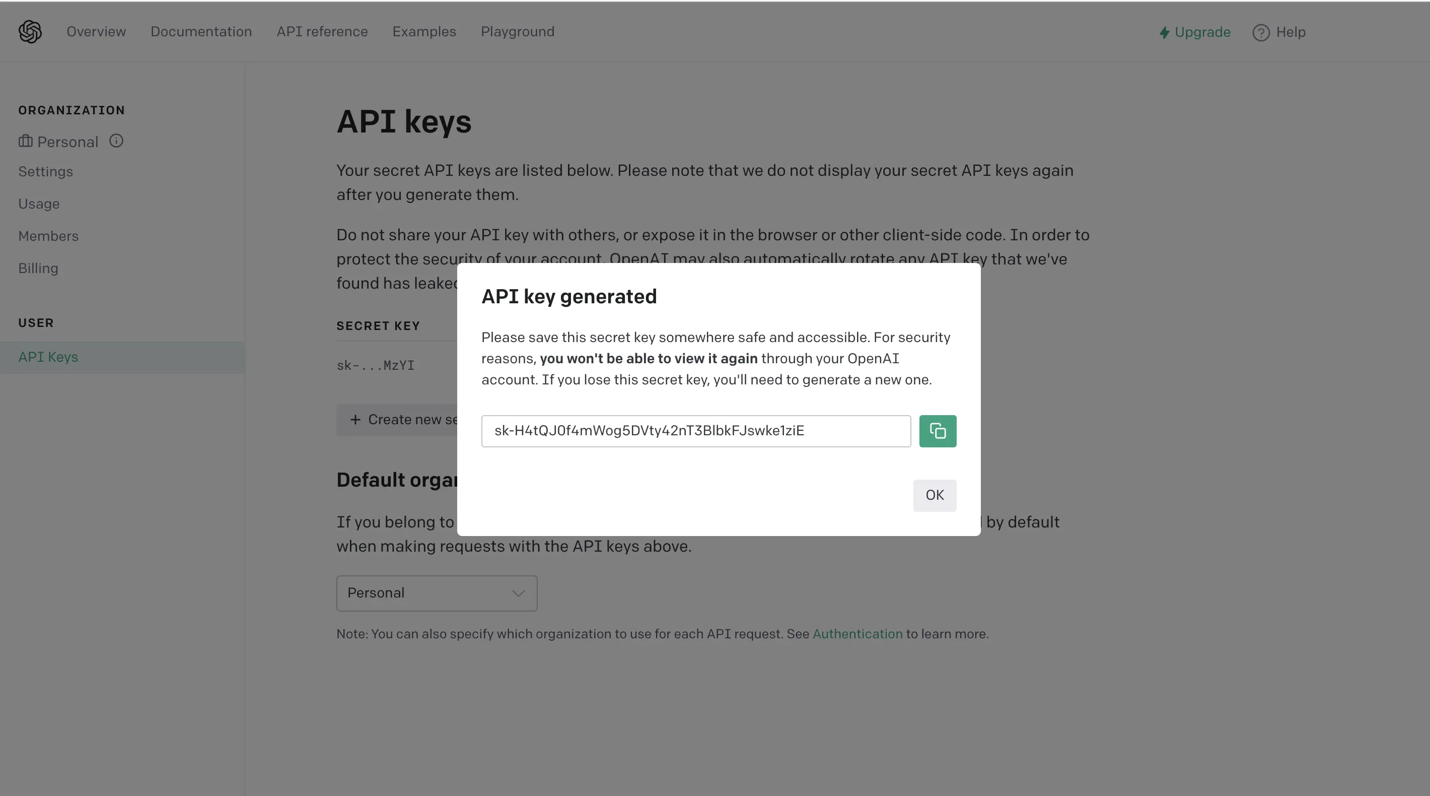 建立 API Key 後按右側按鈕複製金鑰（2023 年舊版介面）
