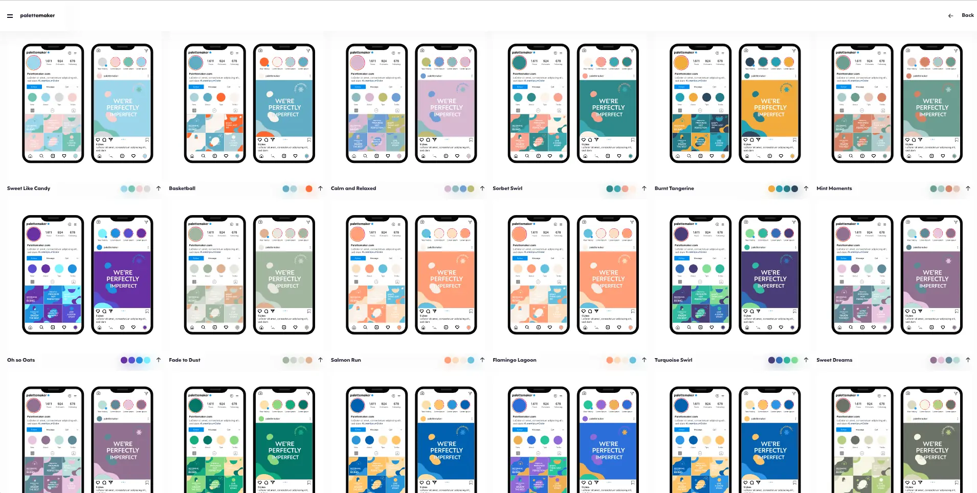 產生器畫面，同一款手機社群 App 版型套用十多組不同配色並排，每組下方有配色名稱與色塊