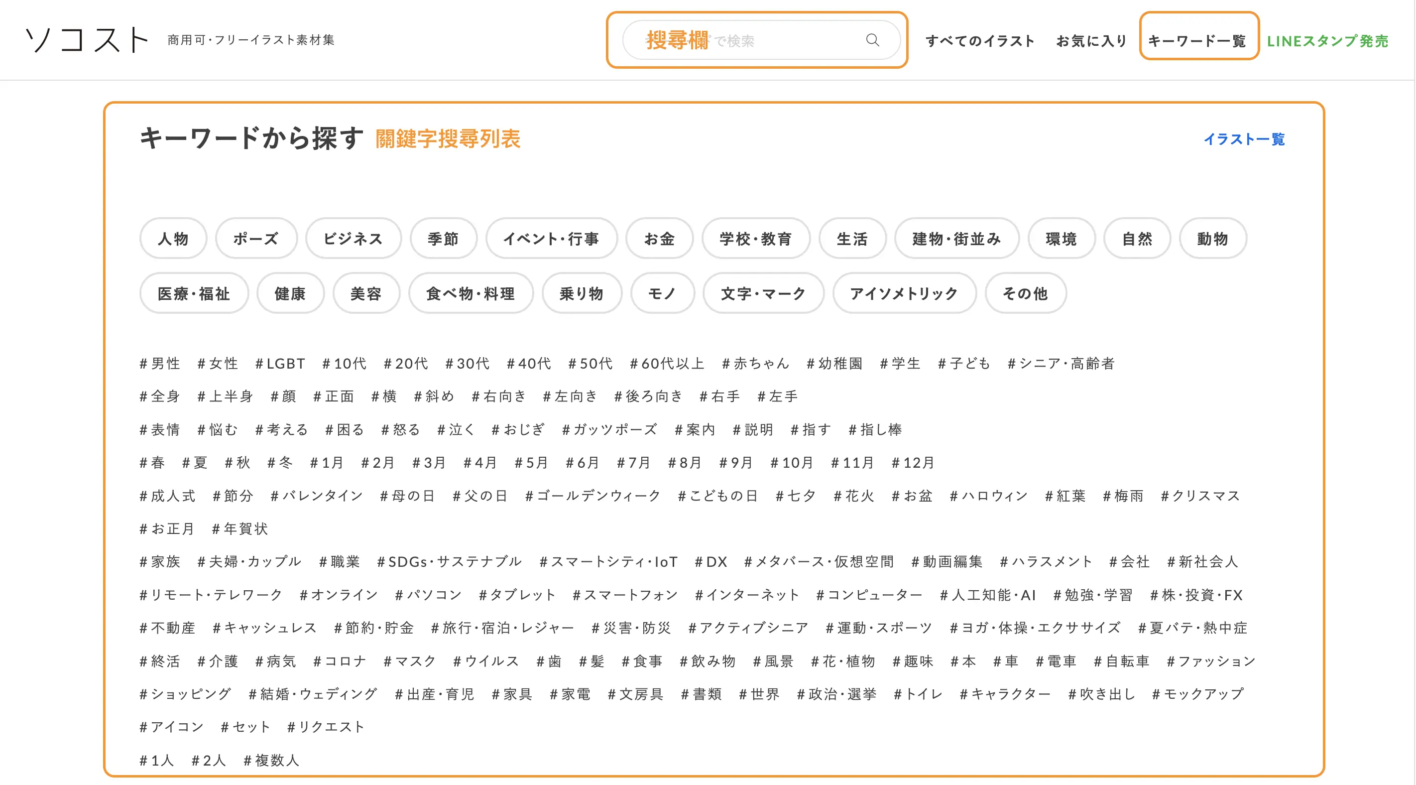 Soco-st 的搜尋欄與關鍵字分類列表