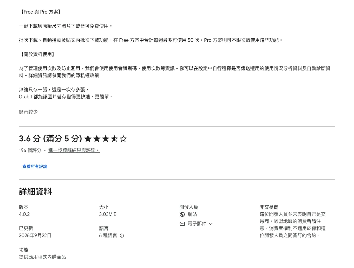 商店頁說明 Free 與 Pro 方案的差別，下方「詳細資料」顯示版本 4.0.2、更新日期與「提供應用程式內購商品」