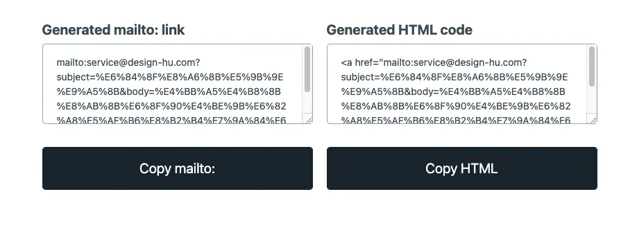 產生出的 mailto 連結與 HTML 程式碼，主旨與內文的中文已轉成網址編碼