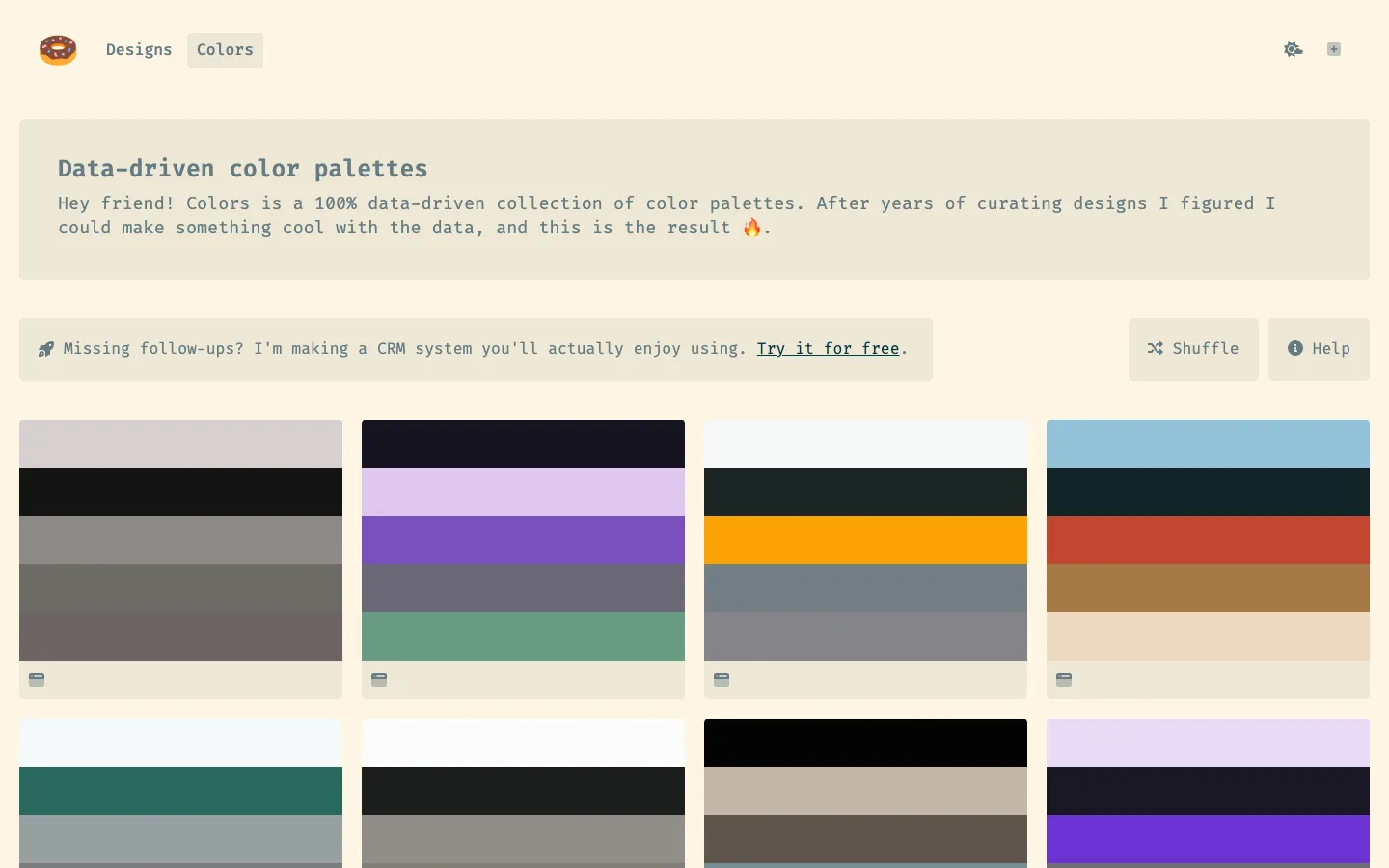 Pixelfika 配色靈感:從真實網站設計擷取 5 色色票 1 Pixelfika 的 Colors 頁面,只顯示從網站主視覺擷取的五色色票
