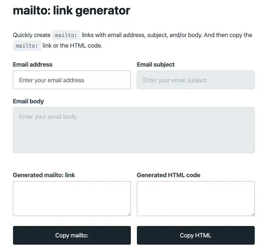 舊版 mailto link generator 介面，上方是 Email address、Email subject、Email body 欄位，下方是產生的 mailto 連結與 HTML 程式碼