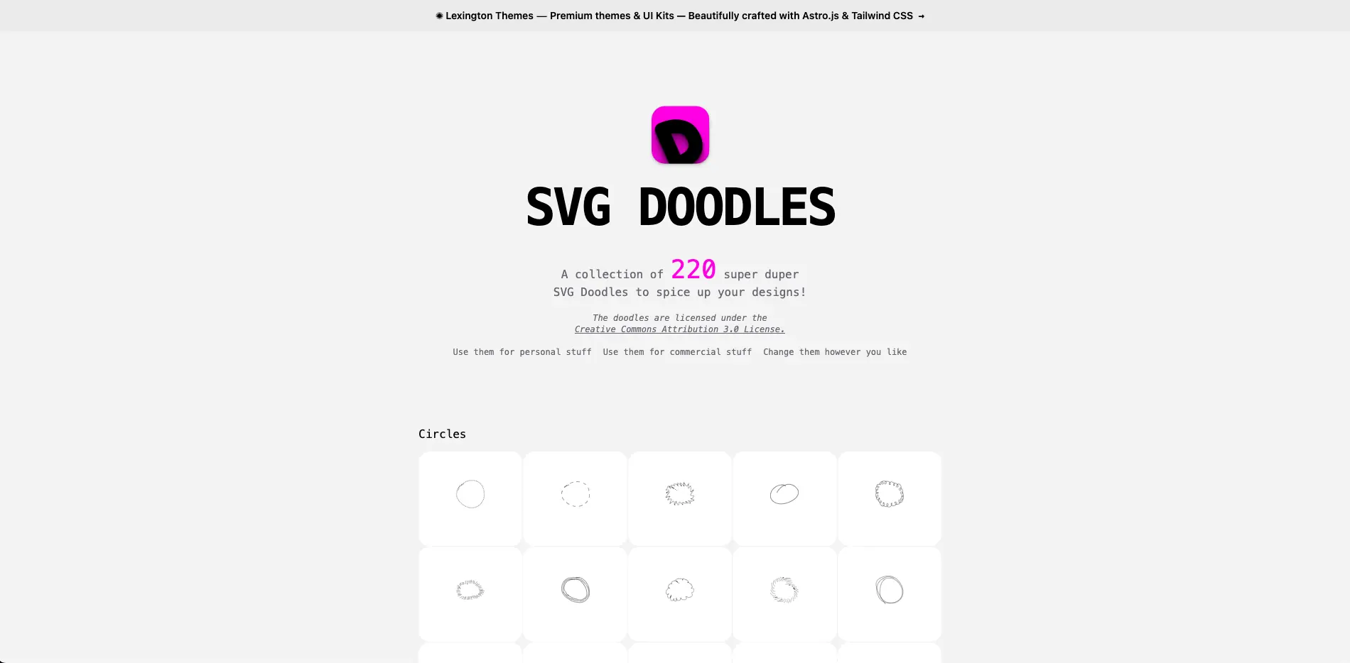 2024 年舊版 SVG Doodles 首頁，依分類排列手繪塗鴉素材