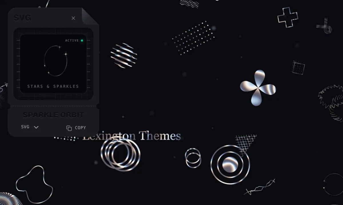 點選 SVG Doodles 的圖案後，左上角預覽面板顯示圖案名稱 Sparkle Orbit、分類 Stars & Sparkles、SVG 格式選單與 COPY 按鈕