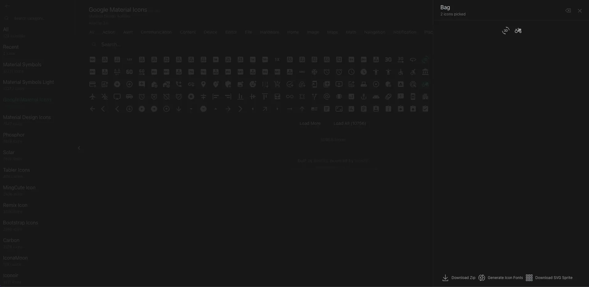 Icônes 右下角的 Bag 清單，可一次打包下載加入的圖示