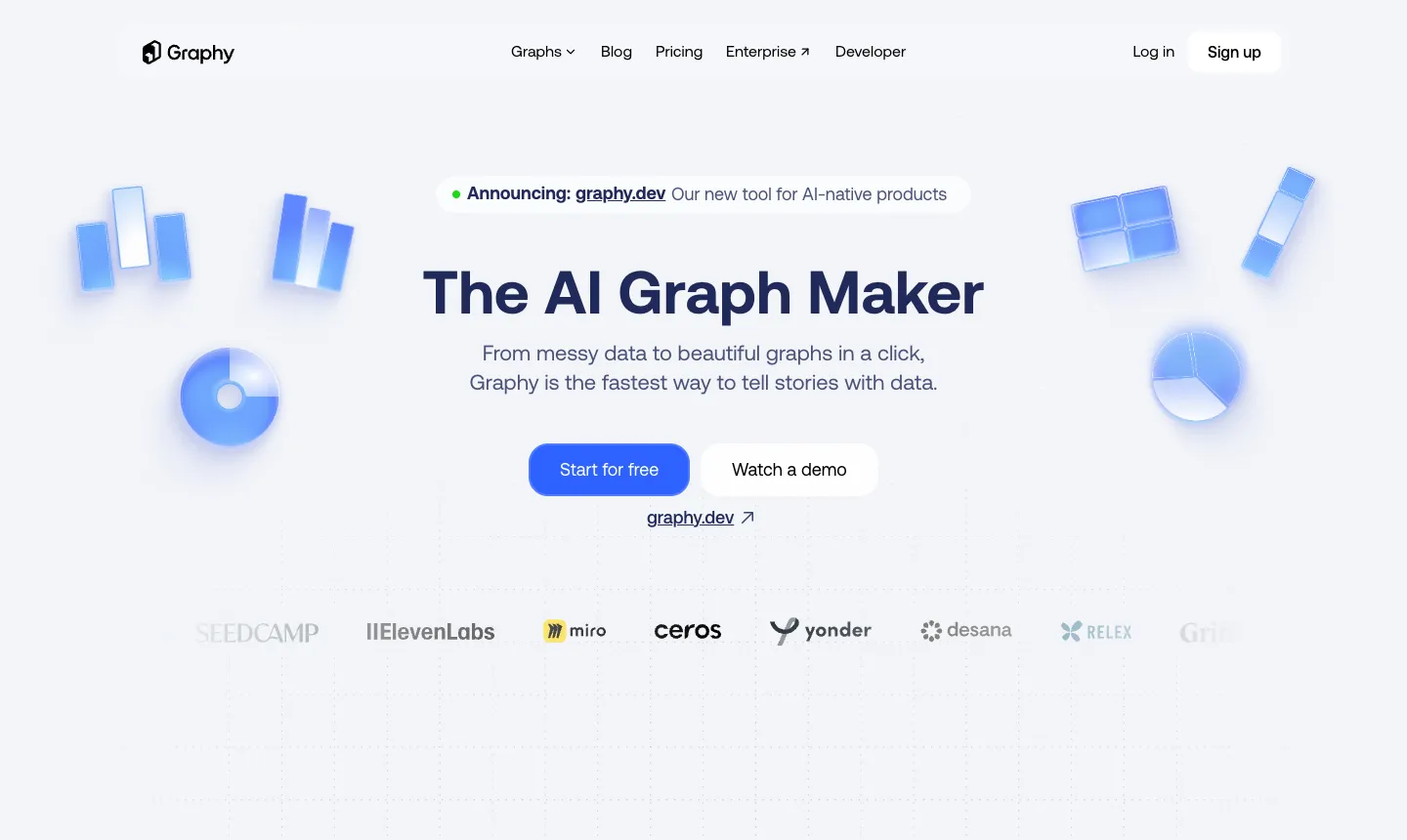 Graphy 免費 AI 圖表製作工具教學:中文能用嗎?免費版限制與登入方式(2026) 1 Graphy 官網首頁,標題寫著 The AI Graph Maker,右上角有 Log in 與 Sign up