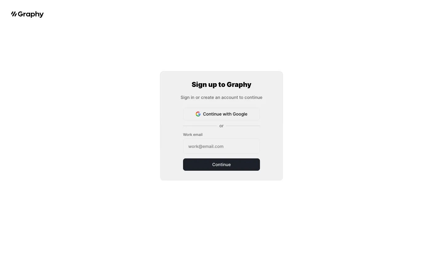 Graphy 免費 AI 圖表製作工具教學:中文能用嗎?免費版限制與登入方式(2026) 3 Graphy 編輯器的註冊登入頁,可選 Continue with Google 或輸入 Work email