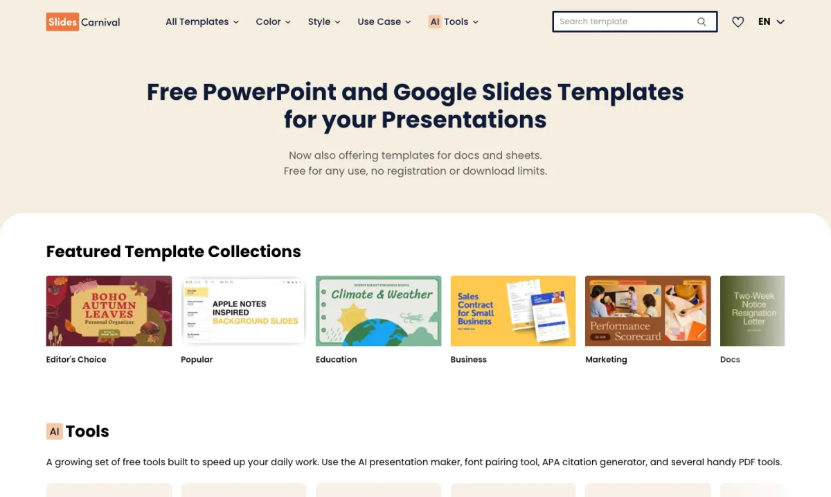 SlidesCarnival 首頁實際畫面：標示免費提供 PowerPoint 與 Google Slides 模板，可用於任何用途、免註冊、無下載上限