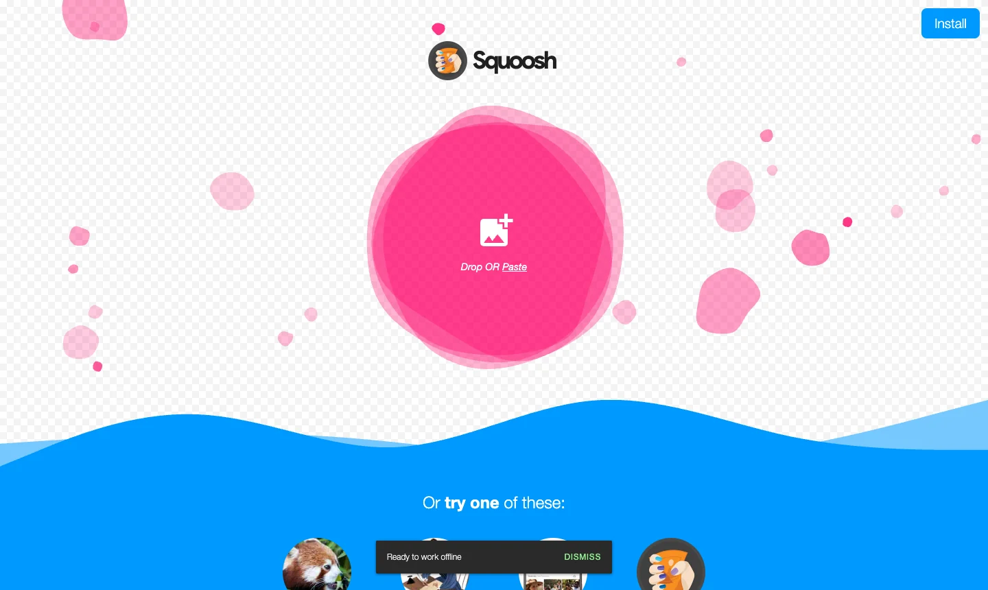 Squoosh 首頁，拖曳或選擇圖片開始轉檔
