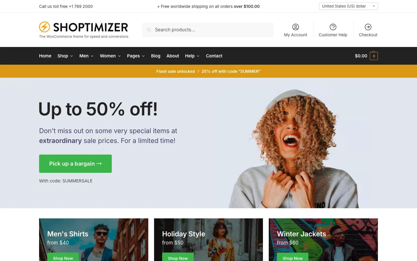 Shoptimizer 主題介紹:主打速度與轉換率的 WooCommerce 主題怎麼選、怎麼裝 1 Shoptimizer 官方 demo 首頁:上方搜尋列與會員、客服、結帳入口,深色主選單右側顯示購物車金額,下方是促銷公告橫幅