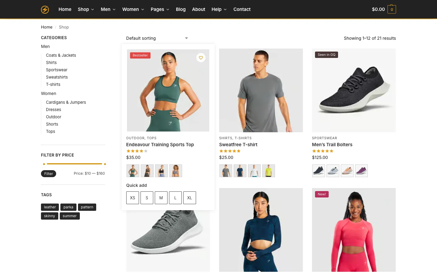 Shoptimizer 主題介紹:主打速度與轉換率的 WooCommerce 主題怎麼選、怎麼裝 3 Shoptimizer 商品列表:左側分類與價格篩選,滑鼠移到商品上會顯示其他顏色縮圖與 Quick add 尺寸快速加入按鈕