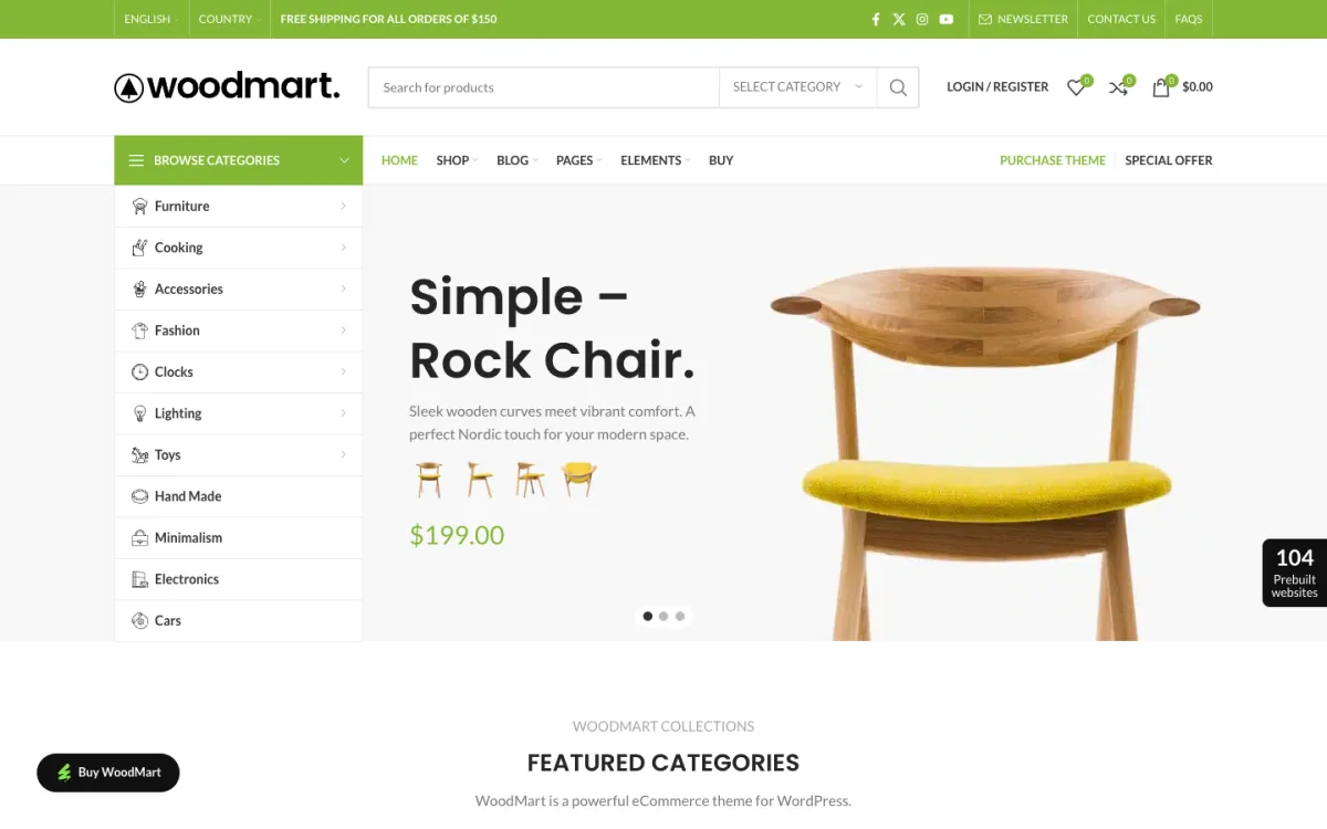 WoodMart 主題介紹:WooCommerce 電商主題的價格、功能與安裝匯入教學 1 WoodMart 官方預設範本首頁:左側商品分類選單、上方商品搜尋列,右上角有願望清單、商品比較與購物車圖示