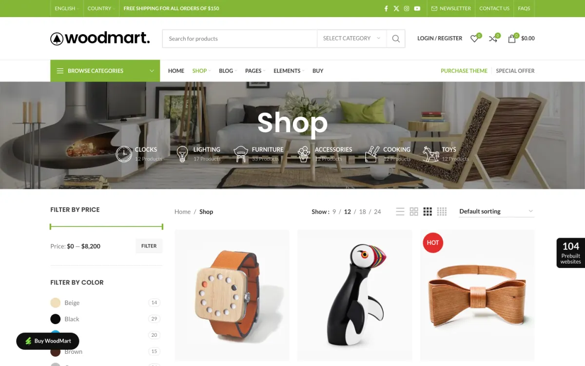 WoodMart 主題介紹:WooCommerce 電商主題的價格、功能與安裝匯入教學 2 WoodMart 官方 demo 的商店頁:上方是分類捷徑,左側有價格與顏色篩選器,右側可切換每頁數量與欄數