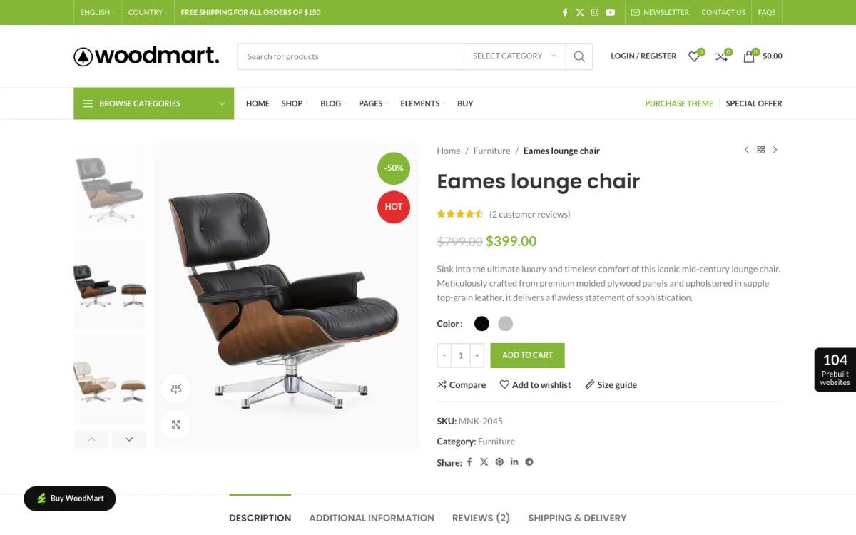 WoodMart 主題介紹:WooCommerce 電商主題的價格、功能與安裝匯入教學 3 WoodMart 官方 demo 的商品頁:左側商品圖庫含 360° 檢視,右側有顏色色塊、加入購物車、商品比較、願望清單與尺寸表