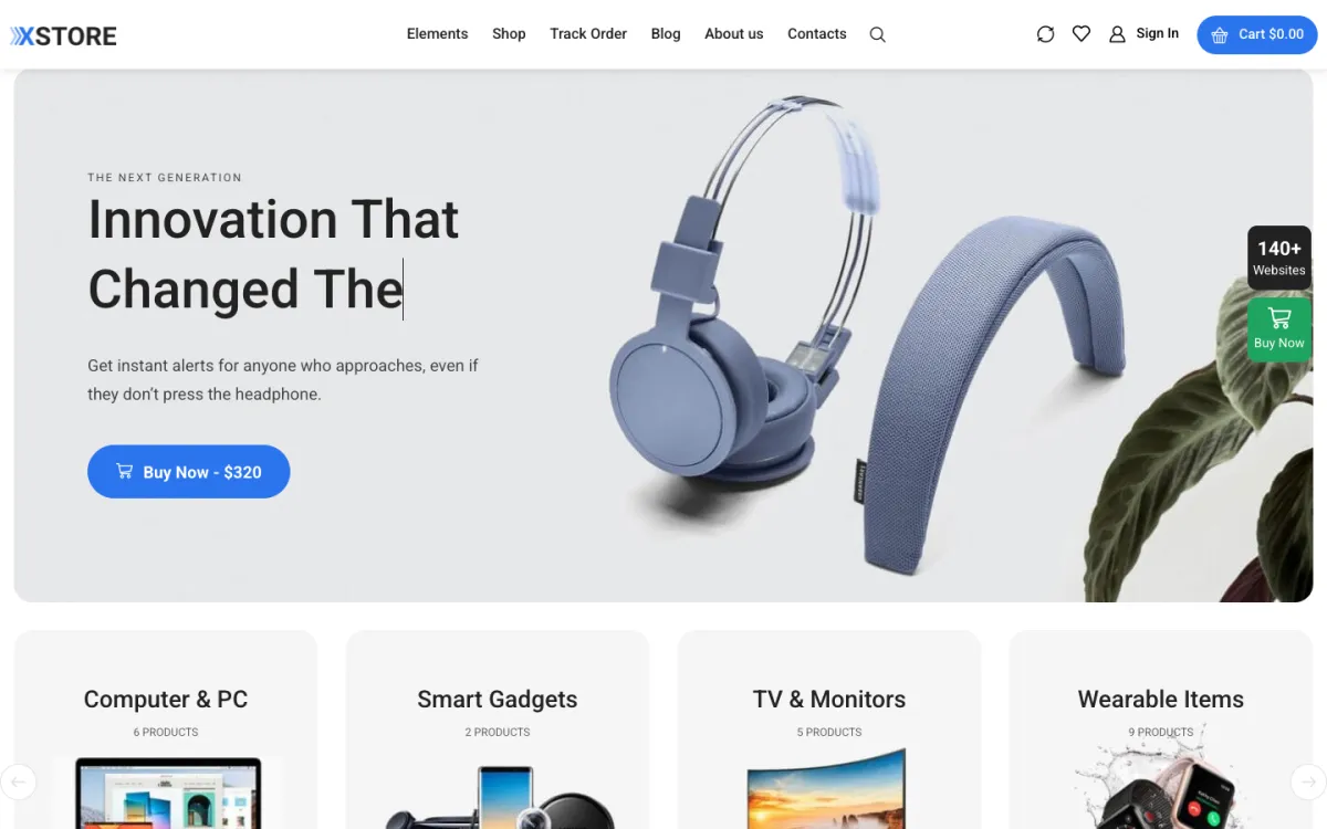XStore 主題介紹:免 Elementor Pro 的 WooCommerce 電商主題價格、功能與安裝 1 XStore 官方 Minimal Electronics 範本首頁:上方是商品大圖橫幅,下方是電腦、智慧裝置、螢幕、穿戴裝置等分類卡片