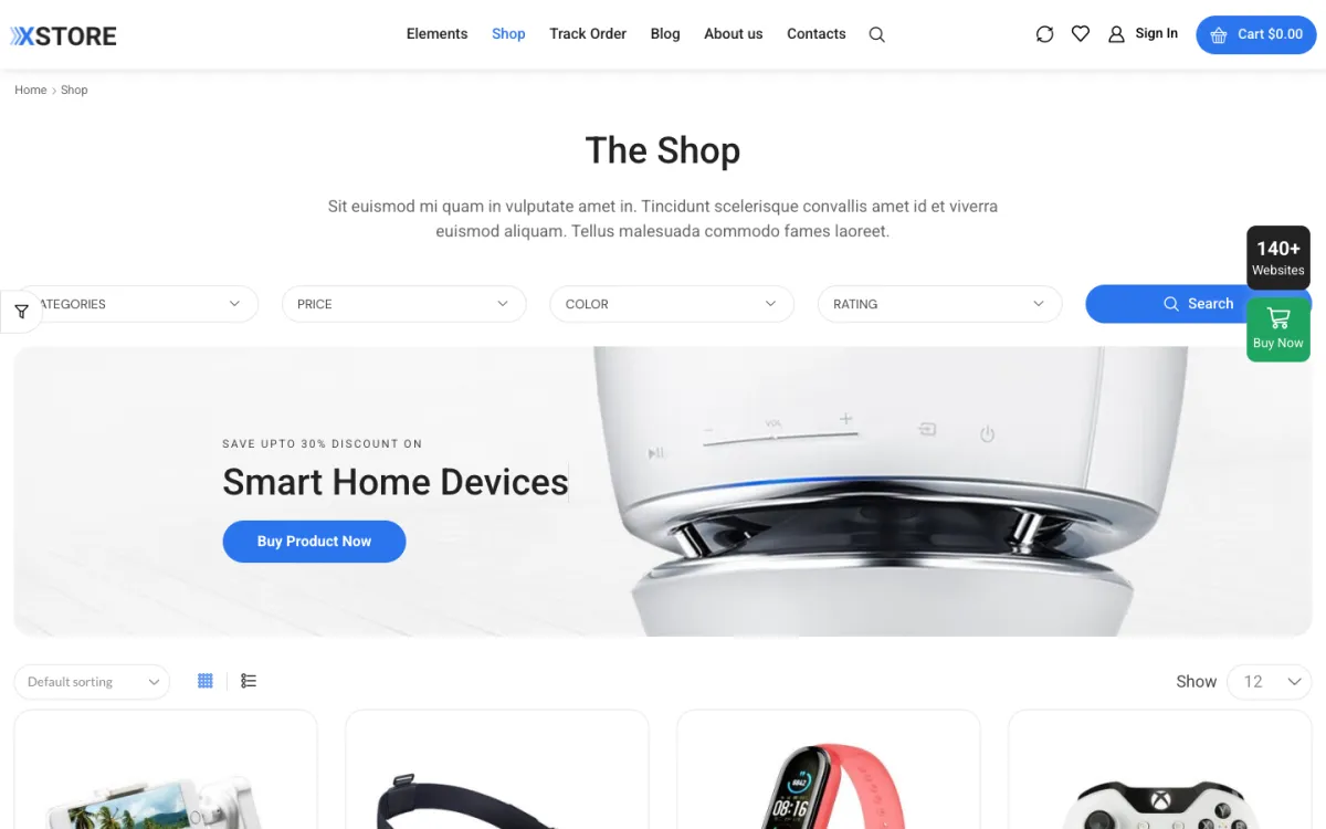 XStore 主題介紹:免 Elementor Pro 的 WooCommerce 電商主題價格、功能與安裝 2 XStore 官方 3C 範本的商店頁:商品上方一列分類、價格、顏色、評分篩選器,下方是促銷橫幅與排序、顯示數量選項