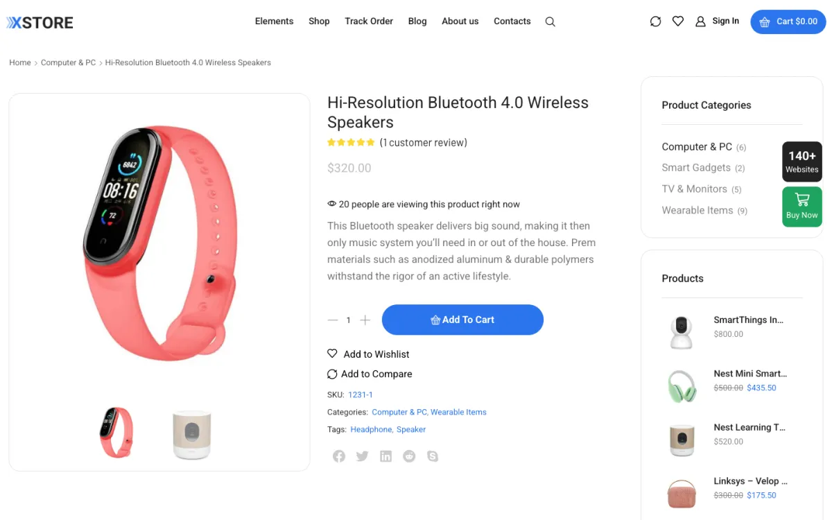XStore 主題介紹:免 Elementor Pro 的 WooCommerce 電商主題價格、功能與安裝 3 XStore 官方 3C 範本的商品頁:左側商品圖庫,中間有價格、瀏覽人數提示、加入購物車、願望清單與比較按鈕,右側側欄是商品分類與商品列表